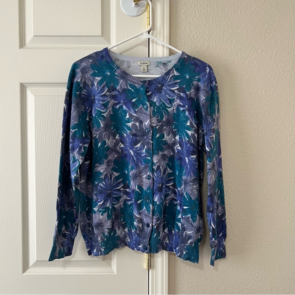 LL Bean Supima Cotton Floral Cardigan Sweater Size 1X Style 290610